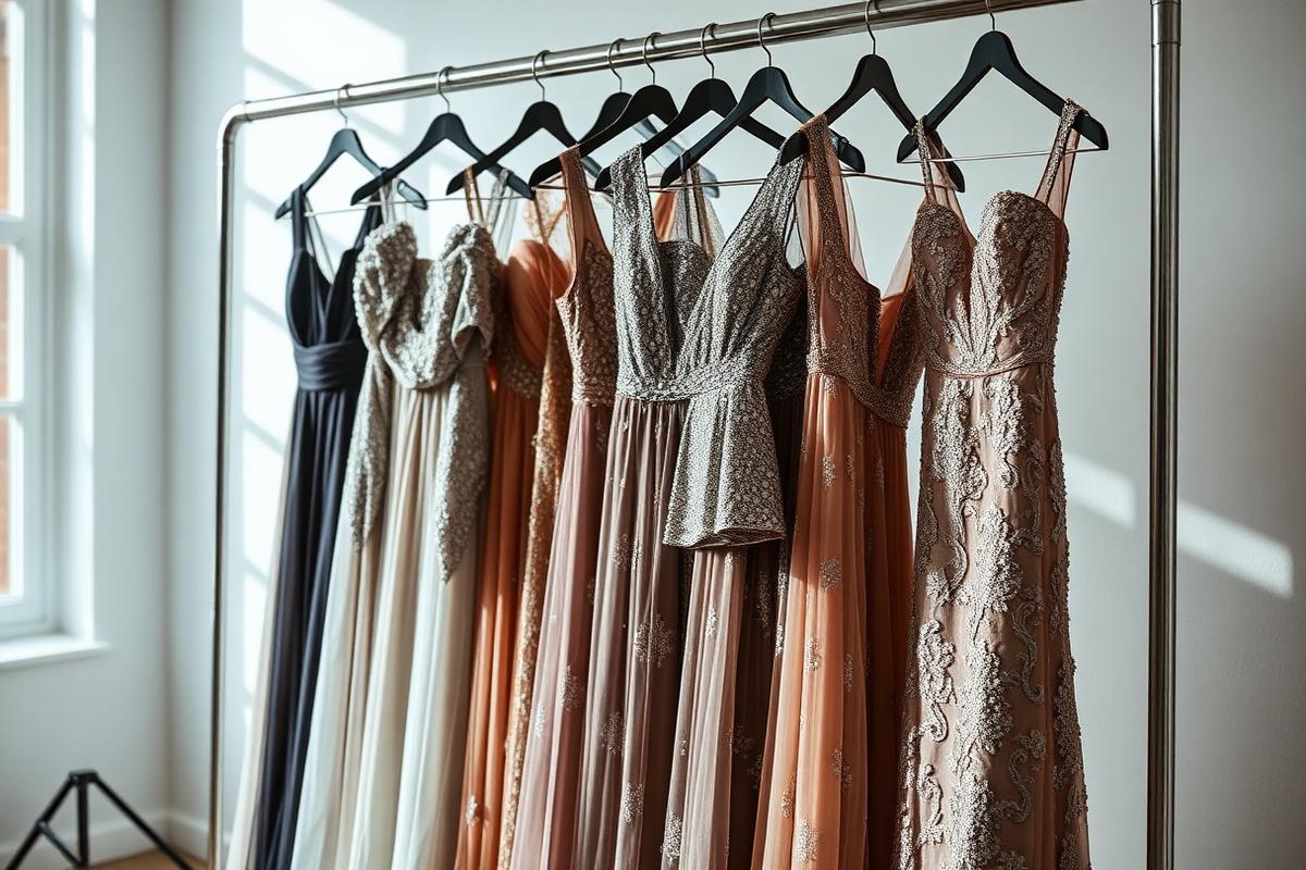 Occasionwear evening dresses on a rail in a bright London studio